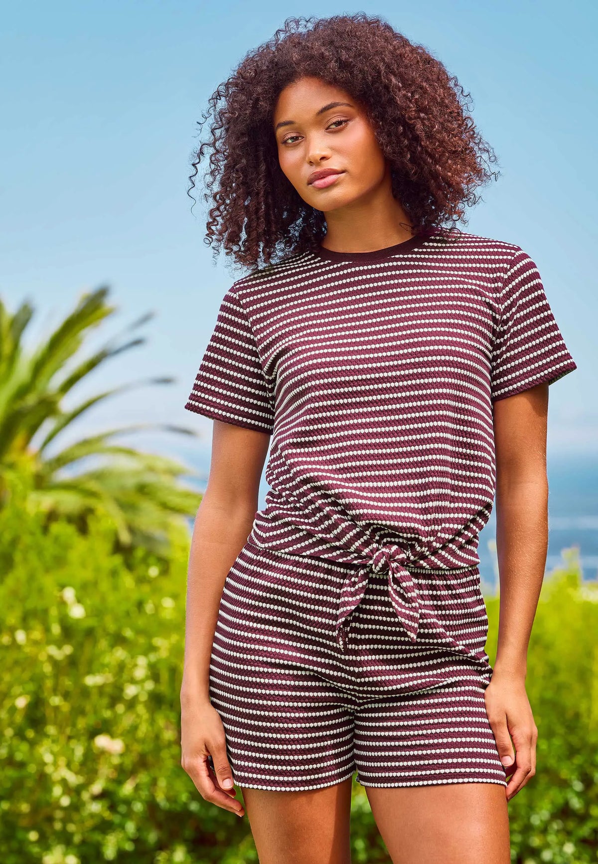 Womens Burgundy Stripe Textured Shorts