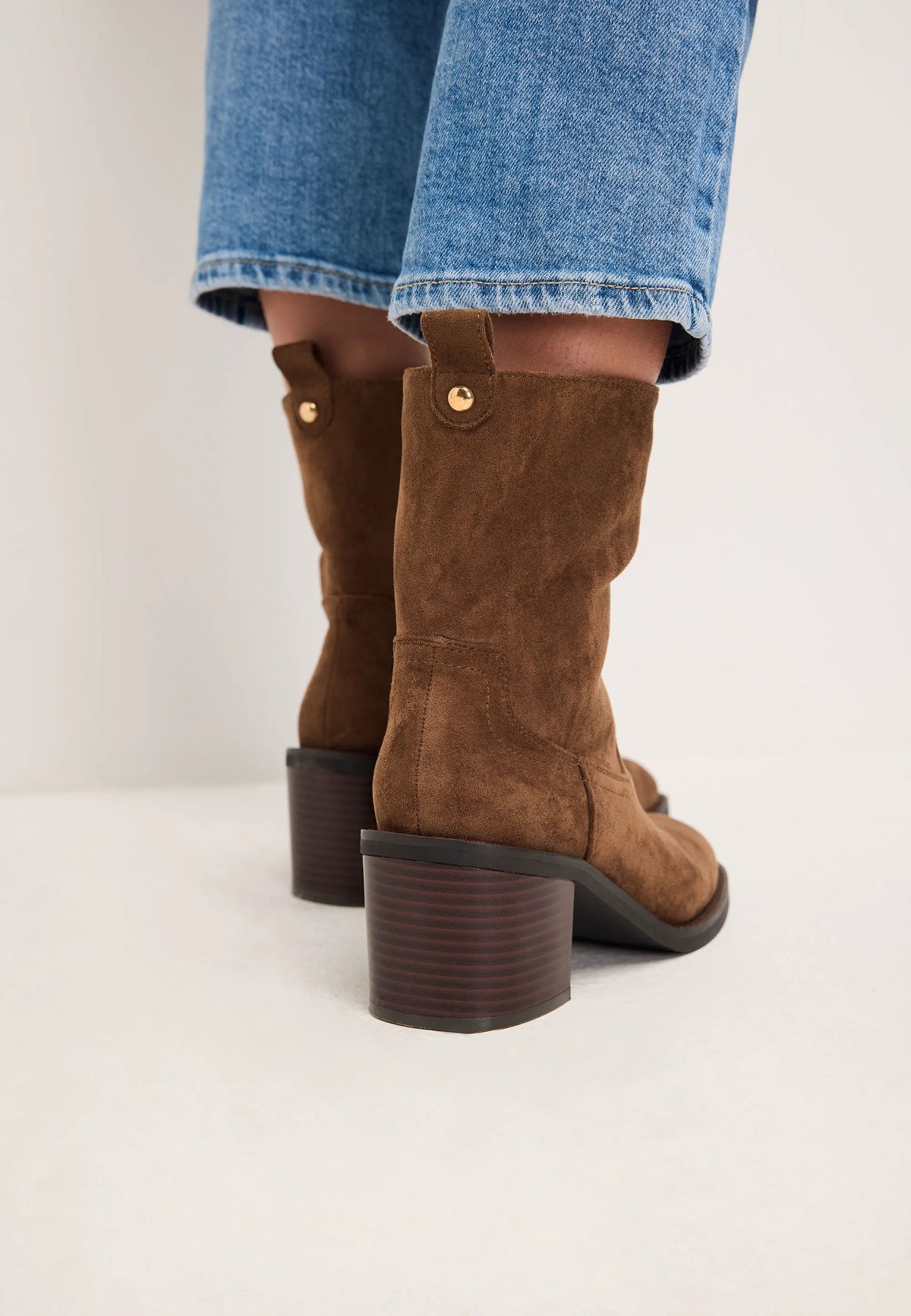 Womens Mid Brown Block Heel Ankle Boots