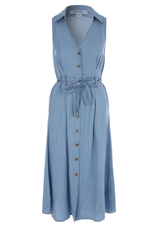 Womens Denim Look Sleeveless Shirt Dress