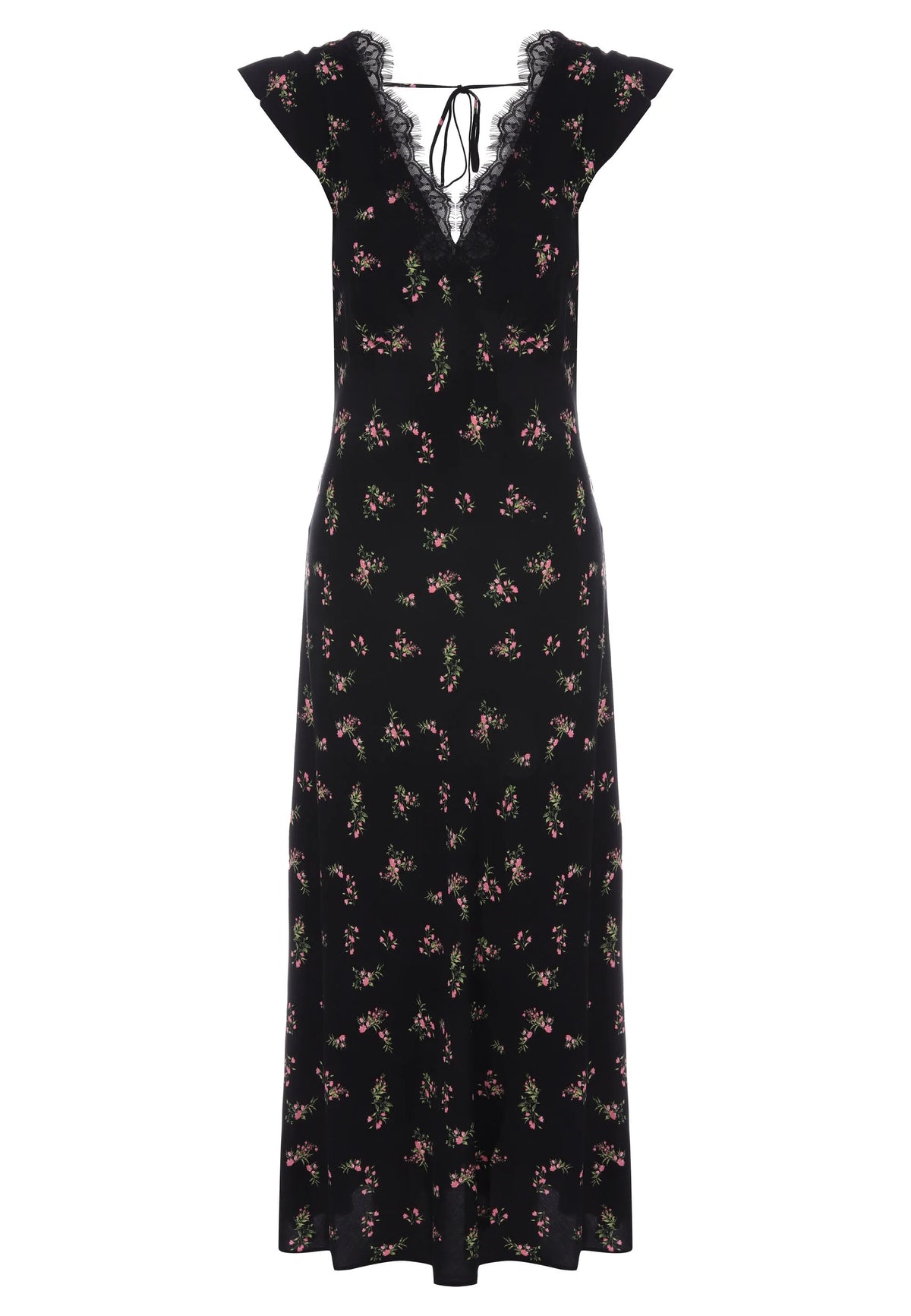 Womens Black Ditsy Lace Trim Midi Dress