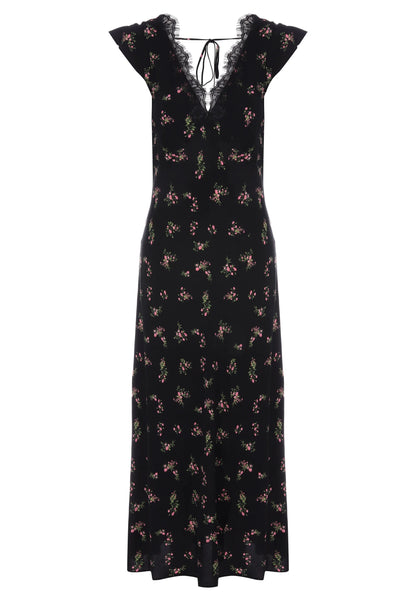 Womens Black Ditsy Lace Trim Midi Dress