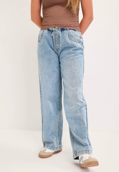 Older Girls Light Wash Drawstring Wide Leg Jeans