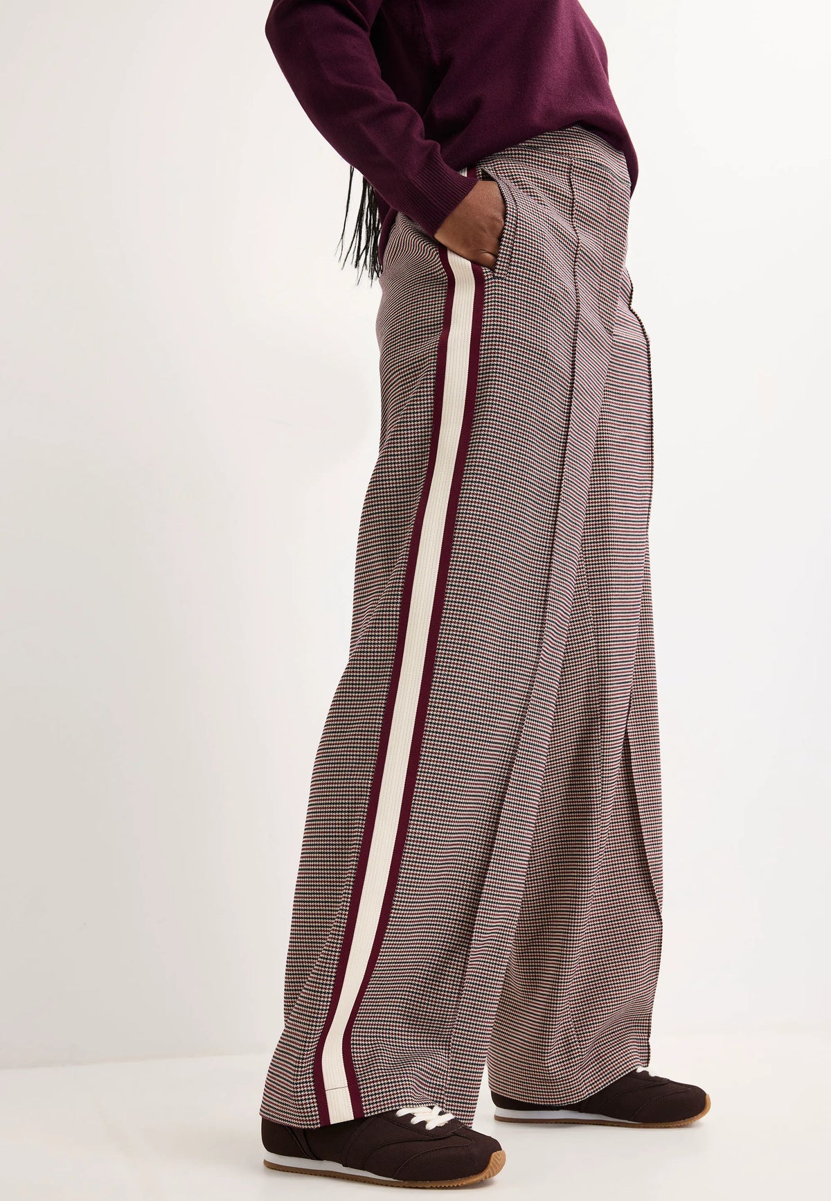 Womens Burgundy Check Side Stripe Trousers