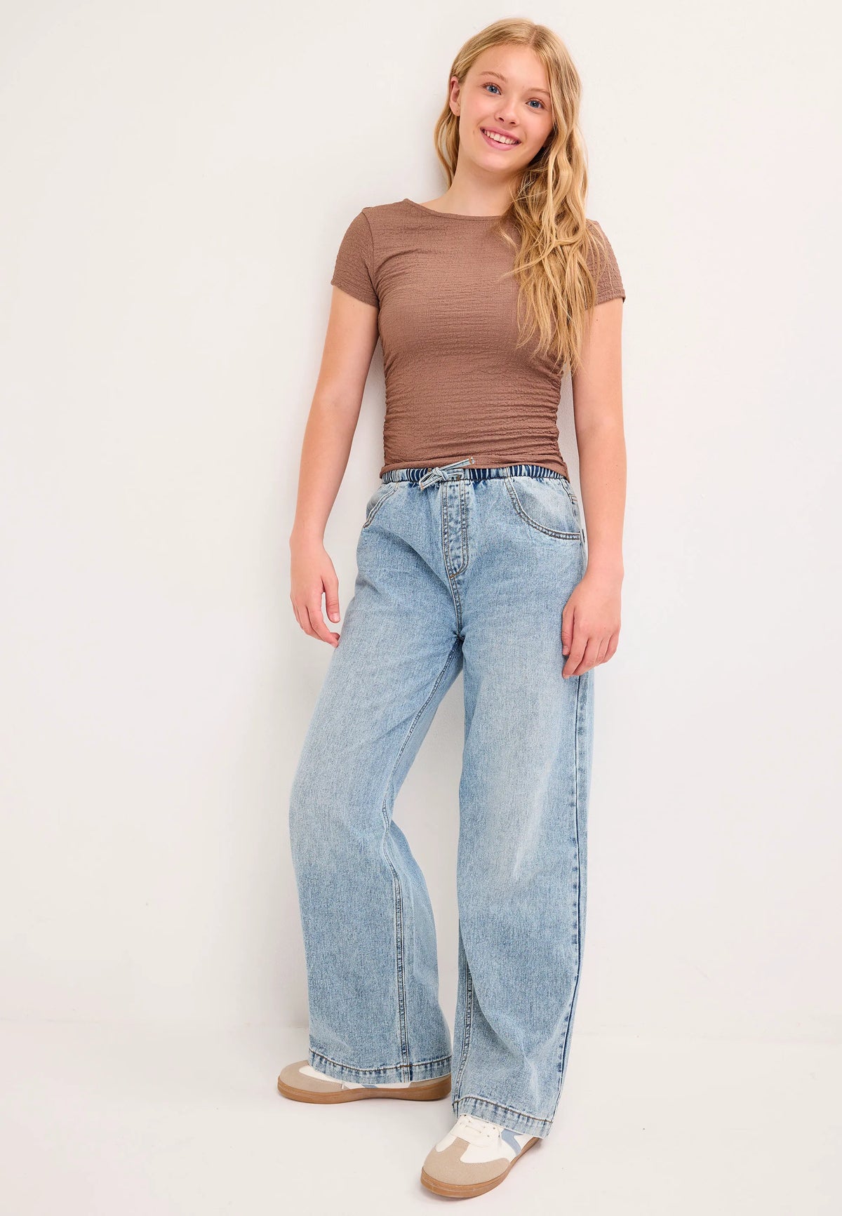 Older Girls Light Wash Drawstring Wide Leg Jeans