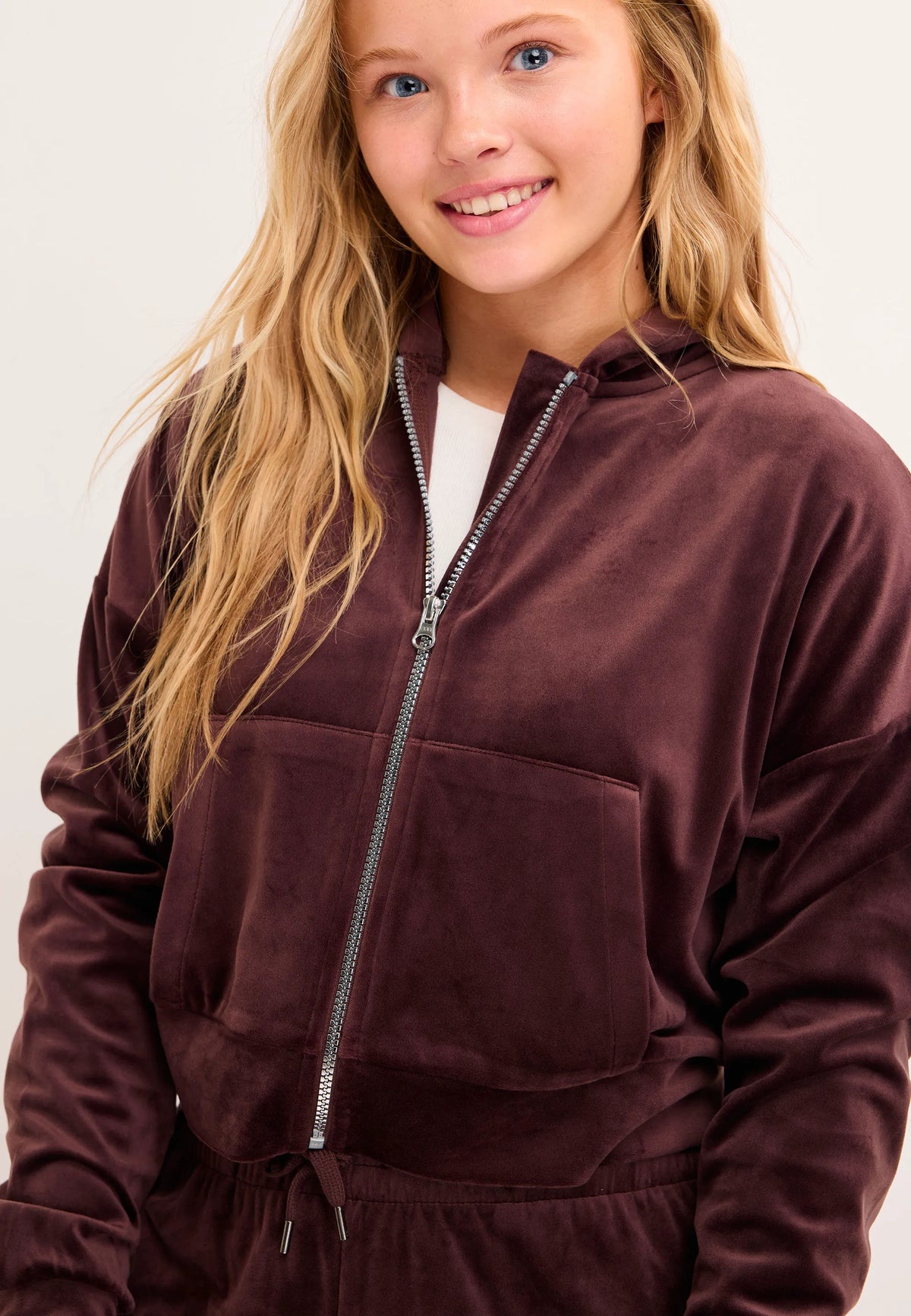 Older Girls Chocolate Brown Velour Zip Through Top