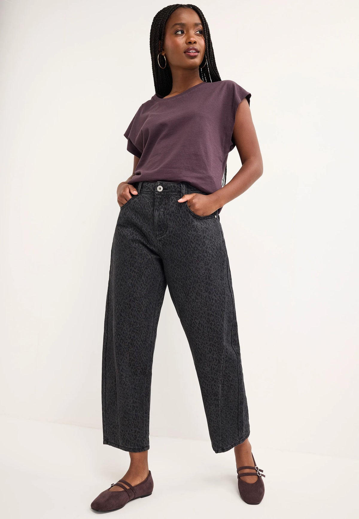 Womens Grey Leopard Print Barrel Jeans
