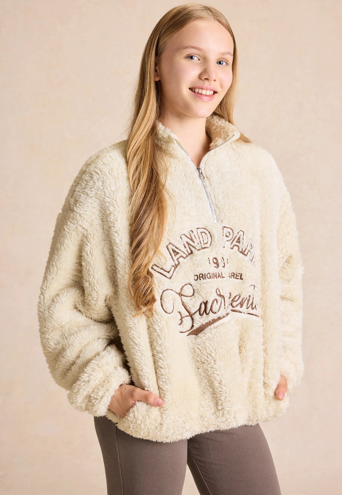 Older Girls Cream Borg Half Zip Sweatshirt