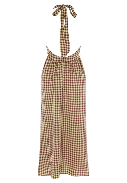 Womens Brown Gingham Halter Neck Midi Dress