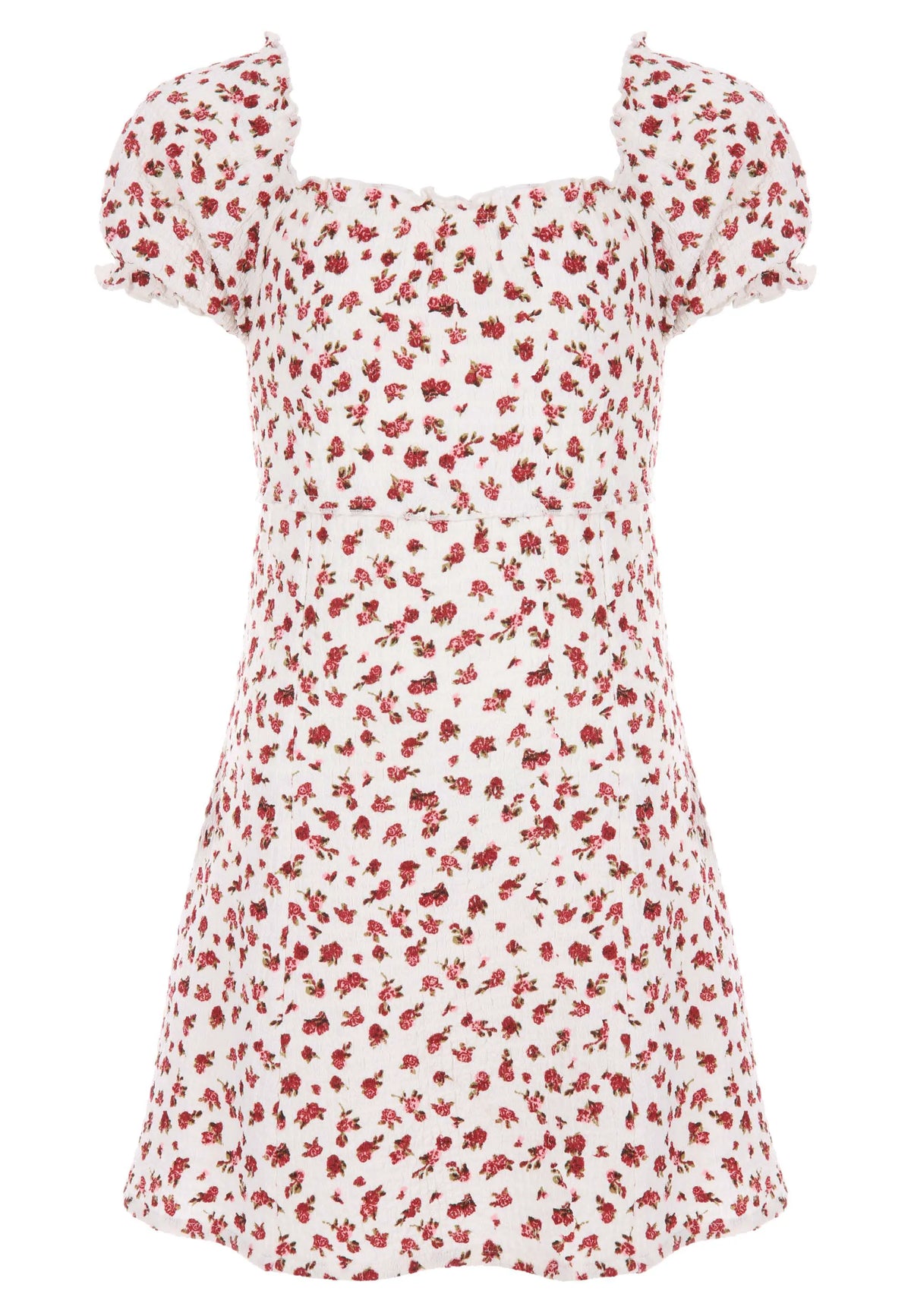 Older Girls White & Red Floral Short Sleeve Empire Dress