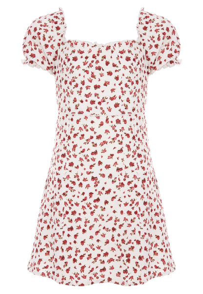Older Girls White & Red Floral Short Sleeve Empire Dress