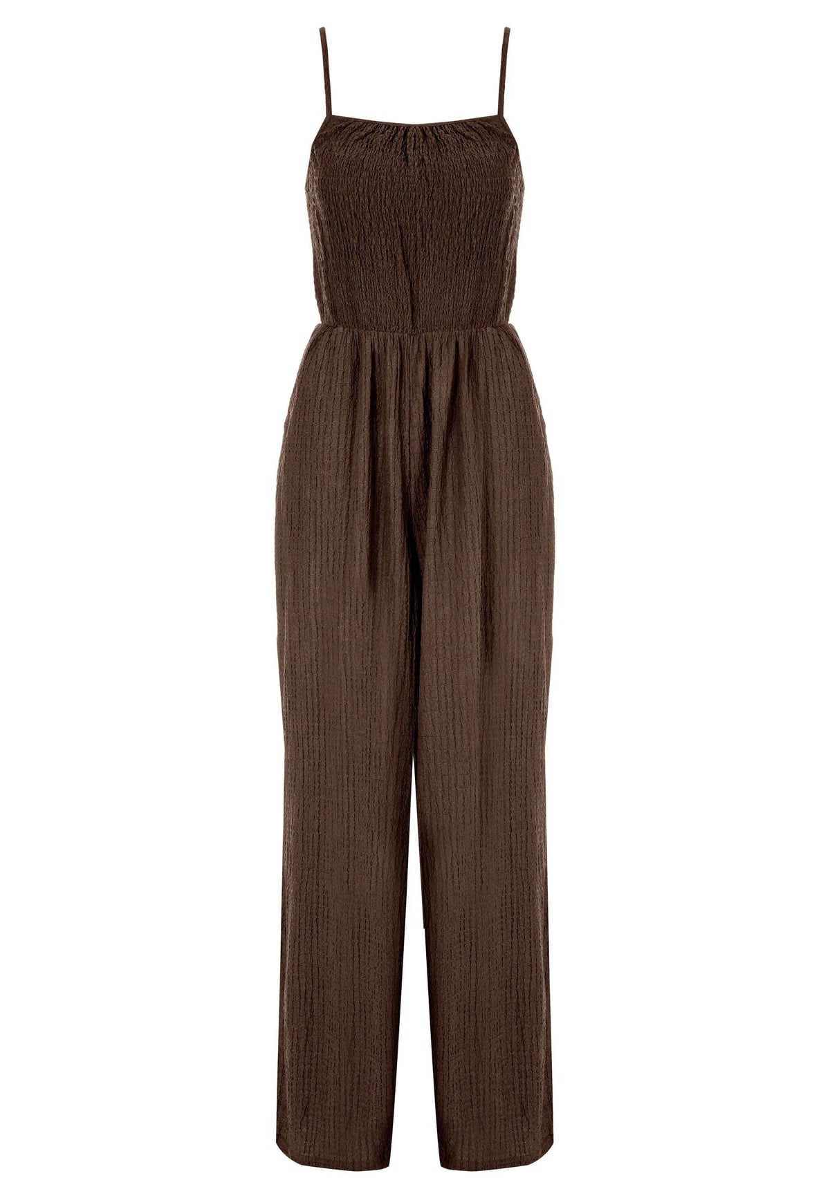 Womens Brown Textured Strappy Jumpsuit