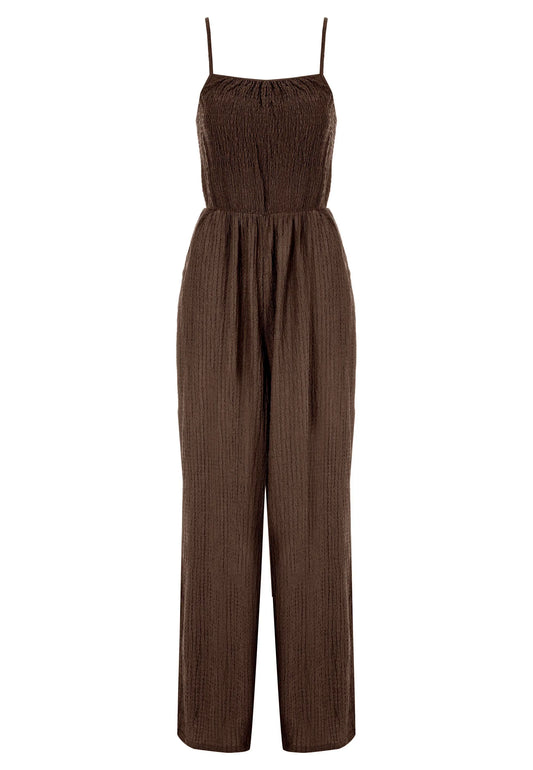 Womens Brown Textured Strappy Jumpsuit