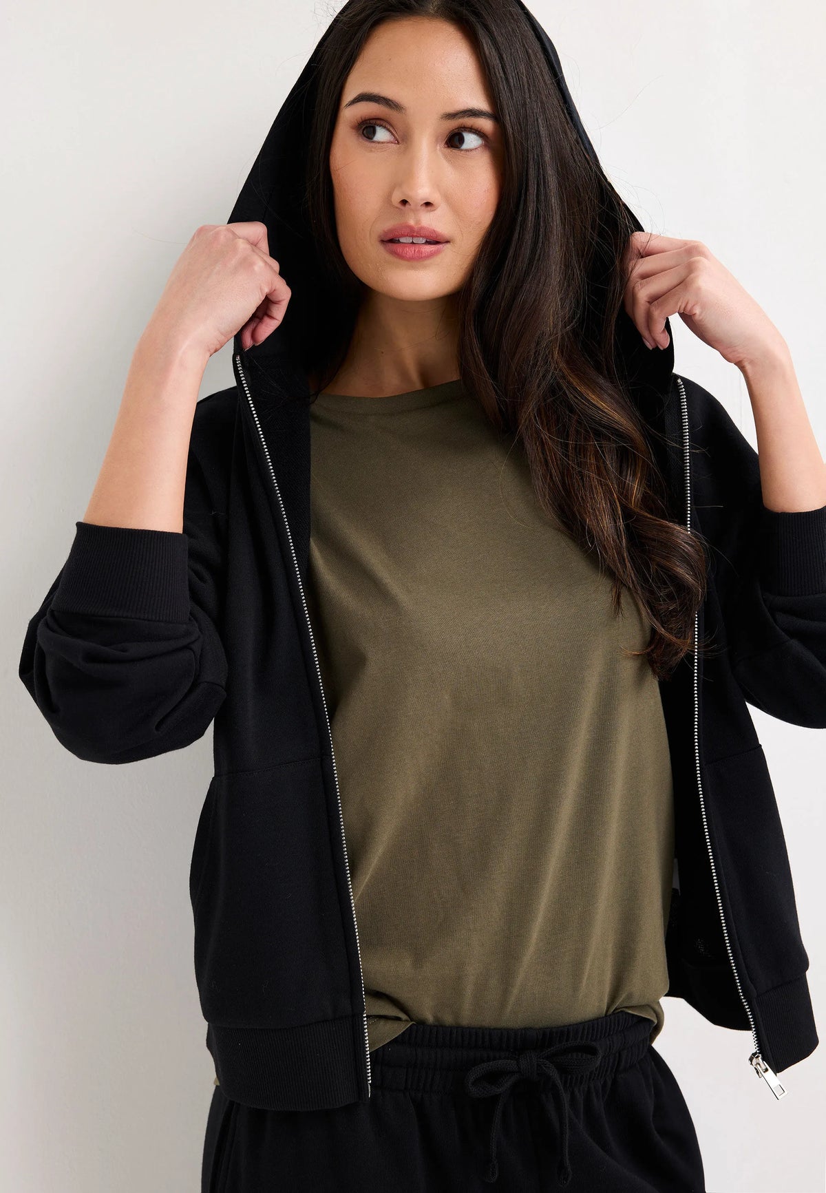 Womens Black Zip Through Hooded Sweatshirt