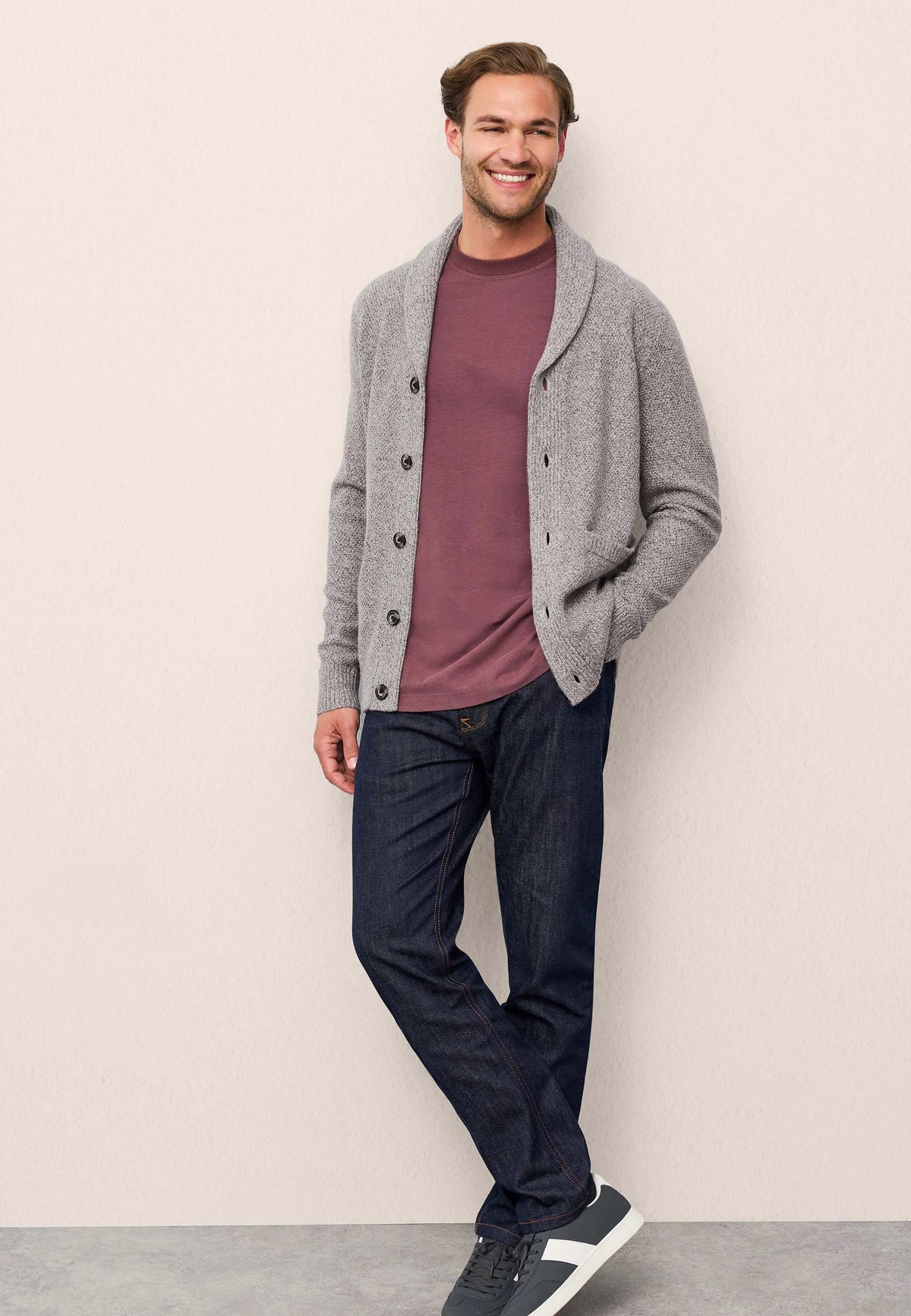 Mens Grey Shawl Collar Knit Cardigan