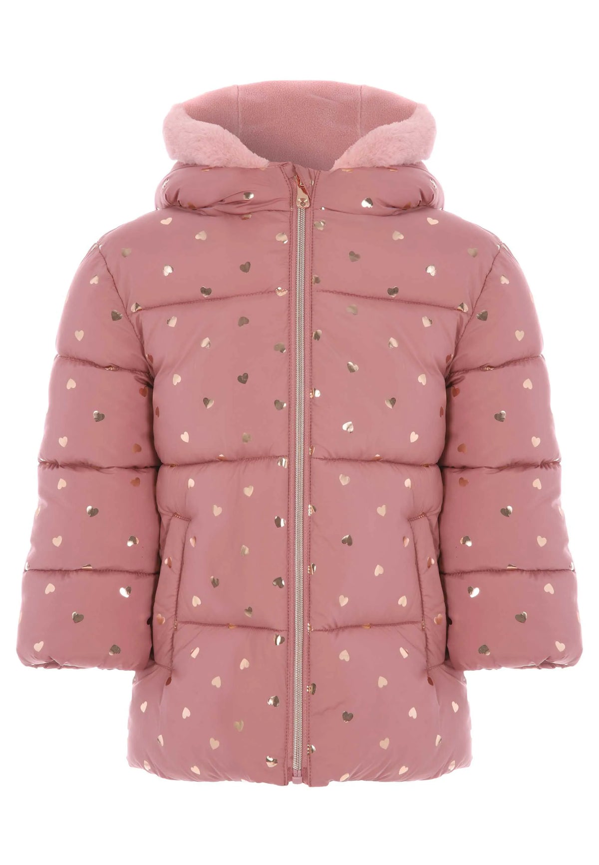 Younger Girls Pink Heart Print Padded Coat with Hood