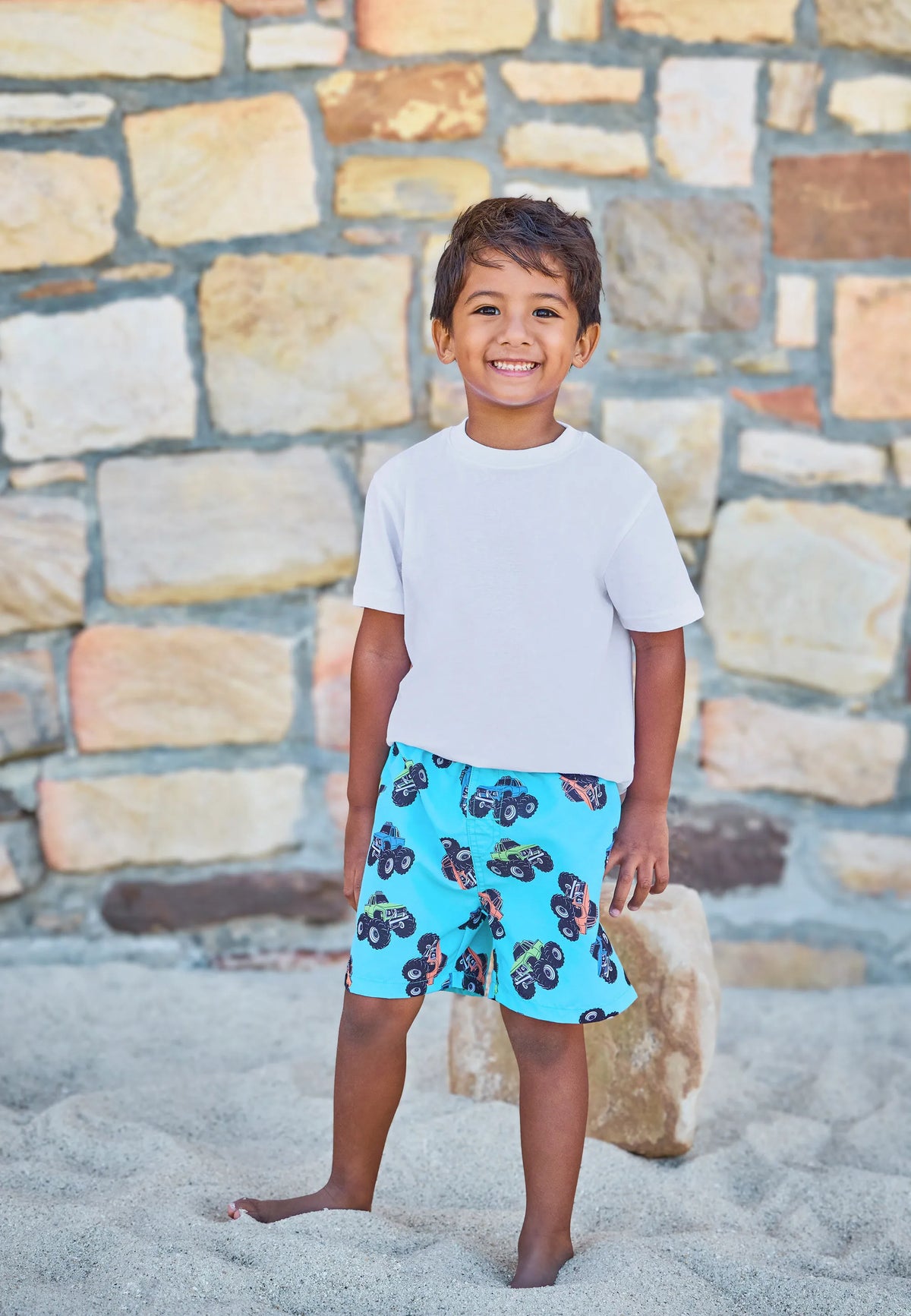 Younger Boys Blue Monster Truck Swim Shorts