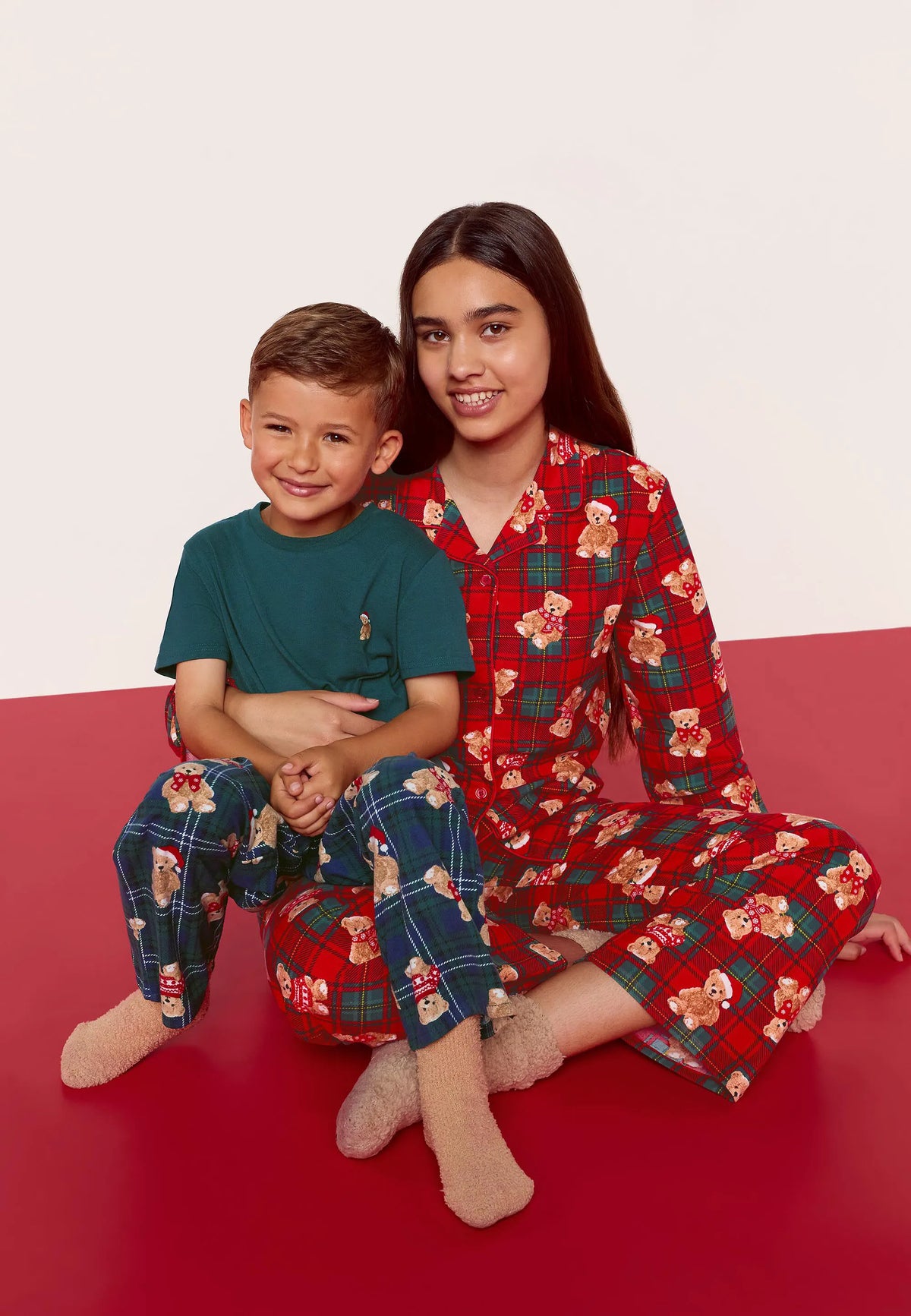 Girls Red Check Teddy Bear Family Pyjama Set