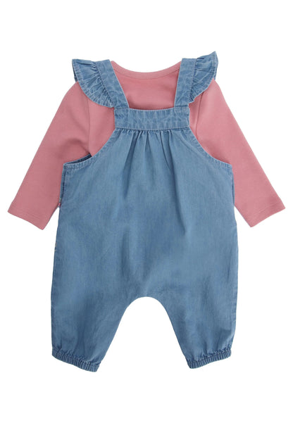 Baby Girl Blue Floral Dungarees & Pink Top Set