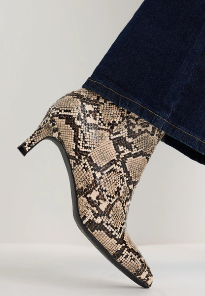 Womens Beige Snake Print Kitten Heel Boots