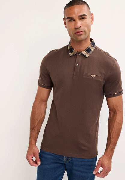 Mens Brown Woven Check Collar Polo Shirt