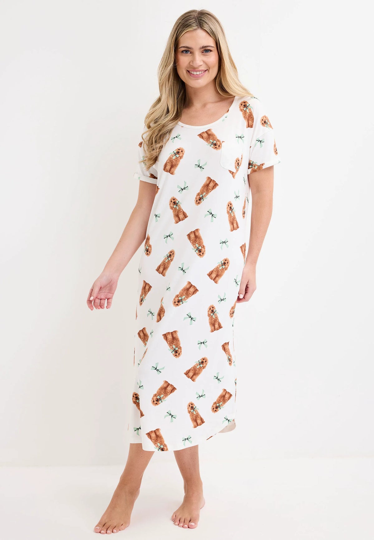 Womens Cream Dog Print Soft Touch Long Nightdress