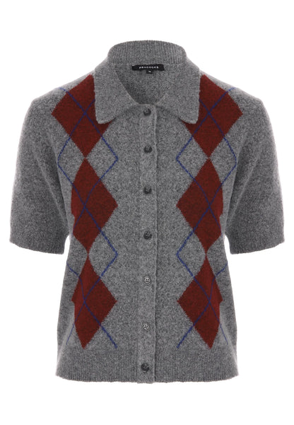 Womens Grey Argyle Collar Cardigan