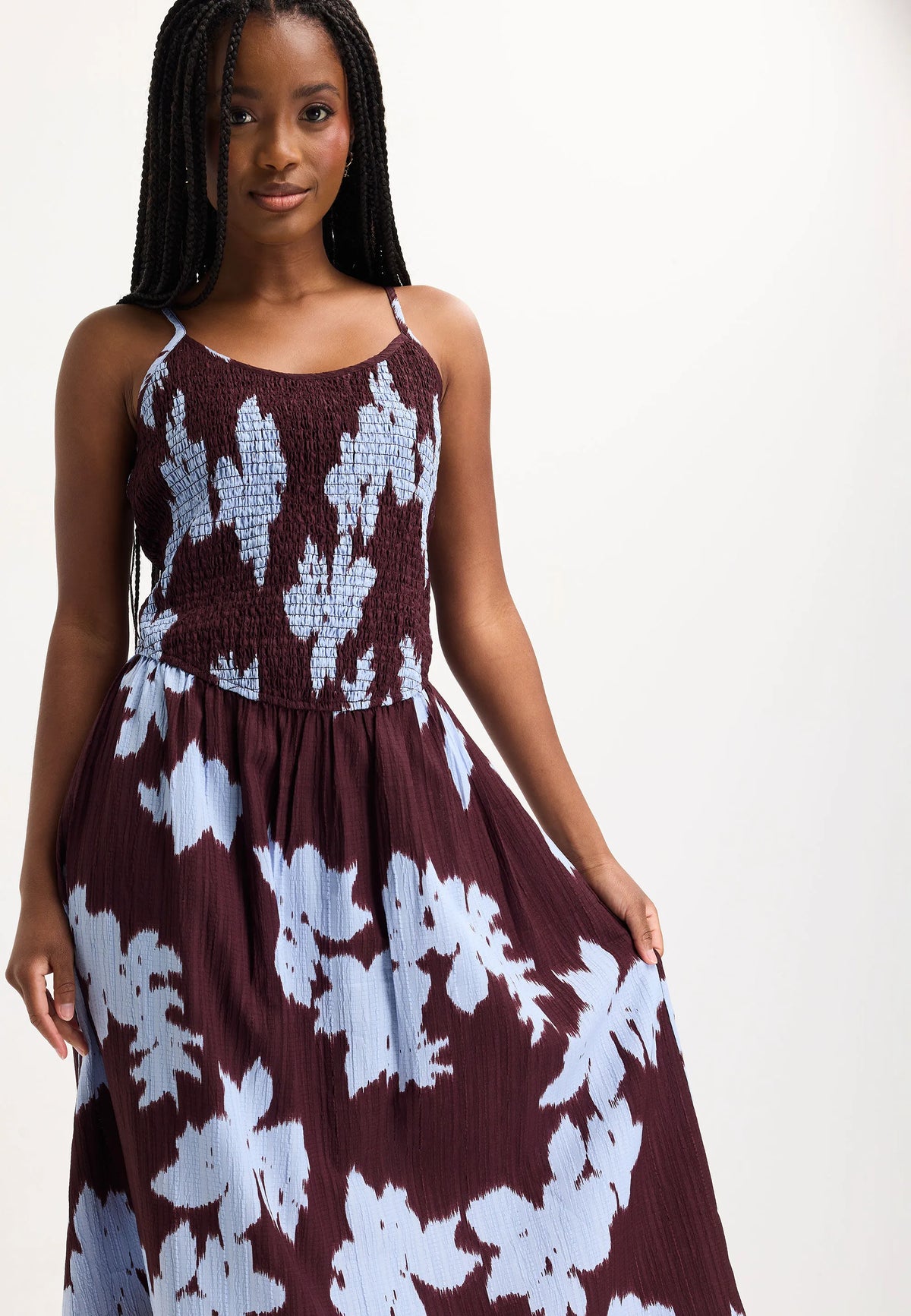 Womens Burgundy Floral Shirred Midi Dress