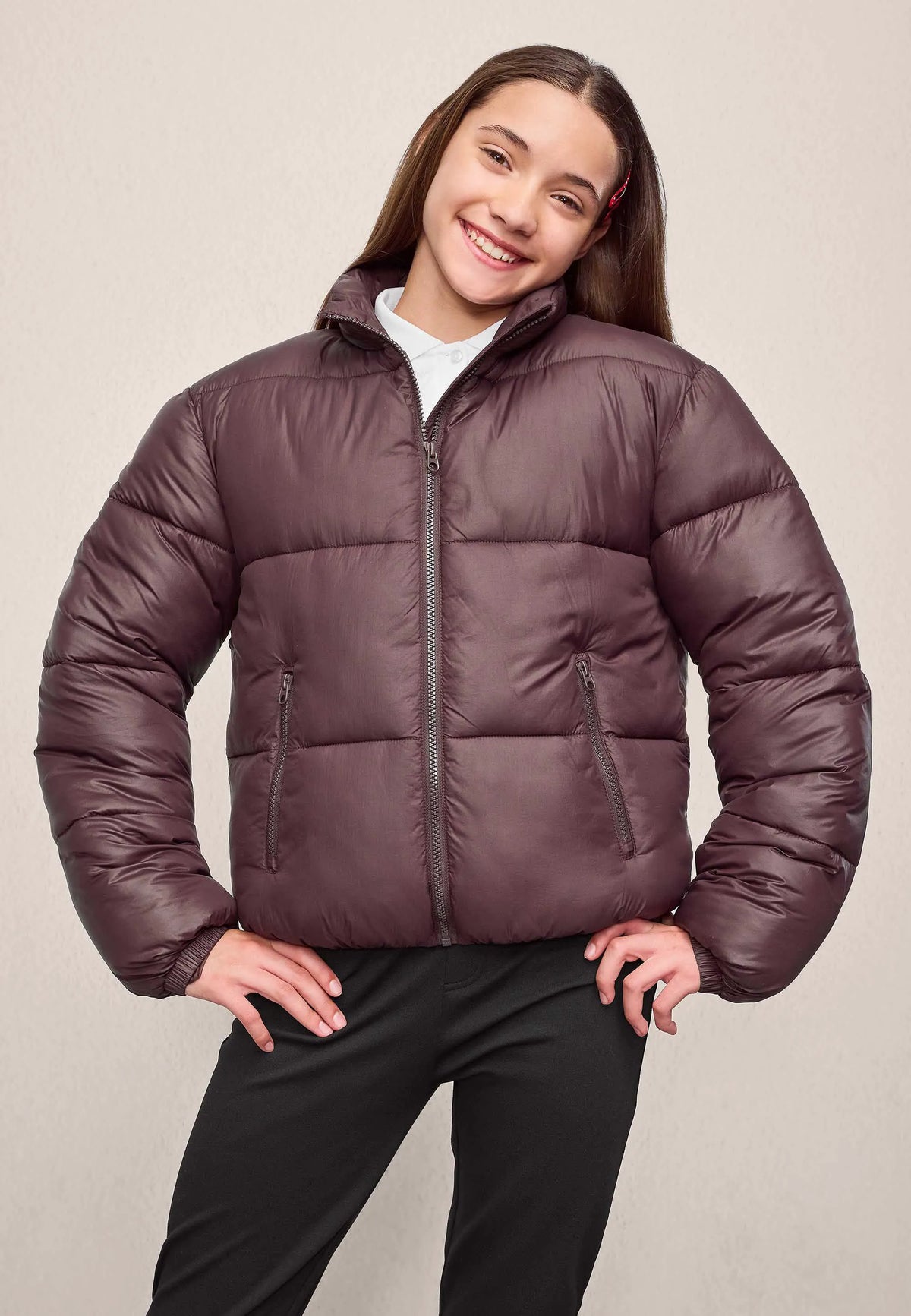 Older Girls Chocolate Brown Short Padded Sheen Coat