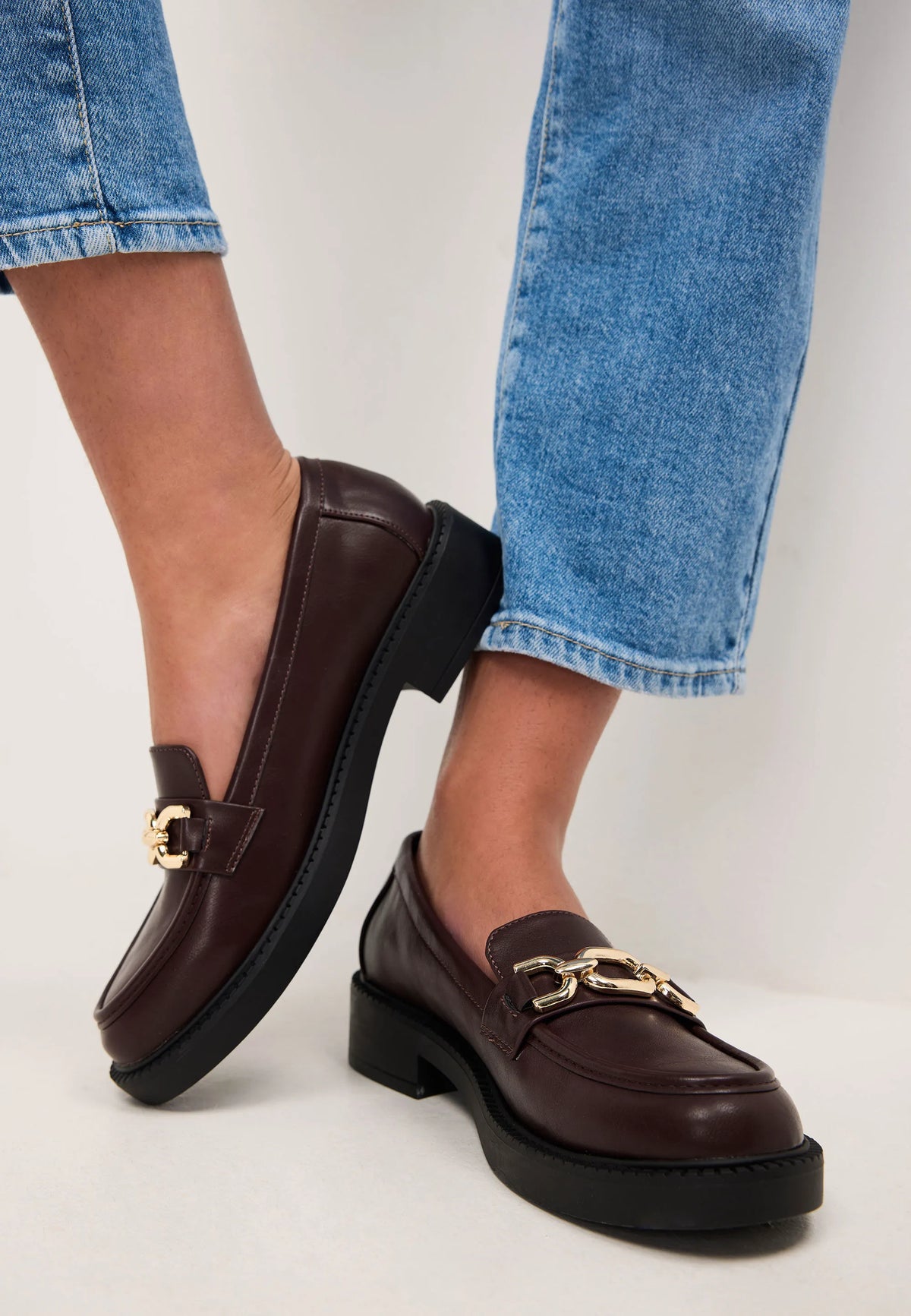 Womens Burgundy Chunky Gold Chain Loafers
