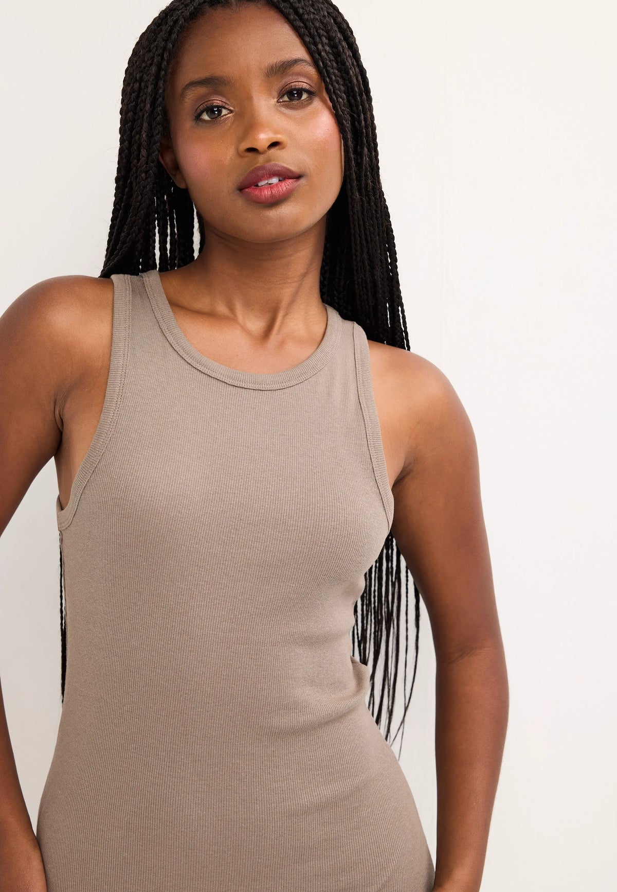 Womens Mink Ribbed Racer Back Midi Dress