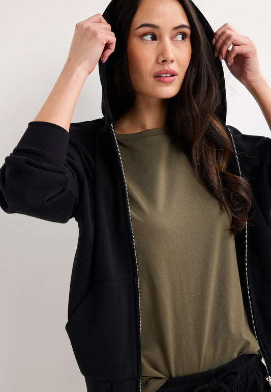 Womens Black Zip Through Hooded Sweatshirt