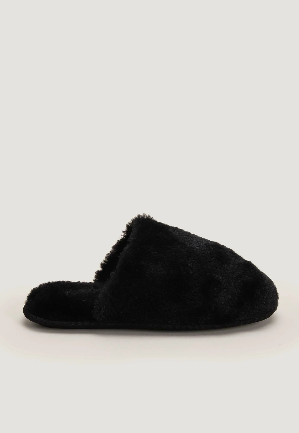 Womens Black Faux Fur Fluffy Mule Slippers