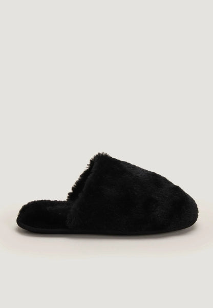 Womens Black Faux Fur Fluffy Mule Slippers