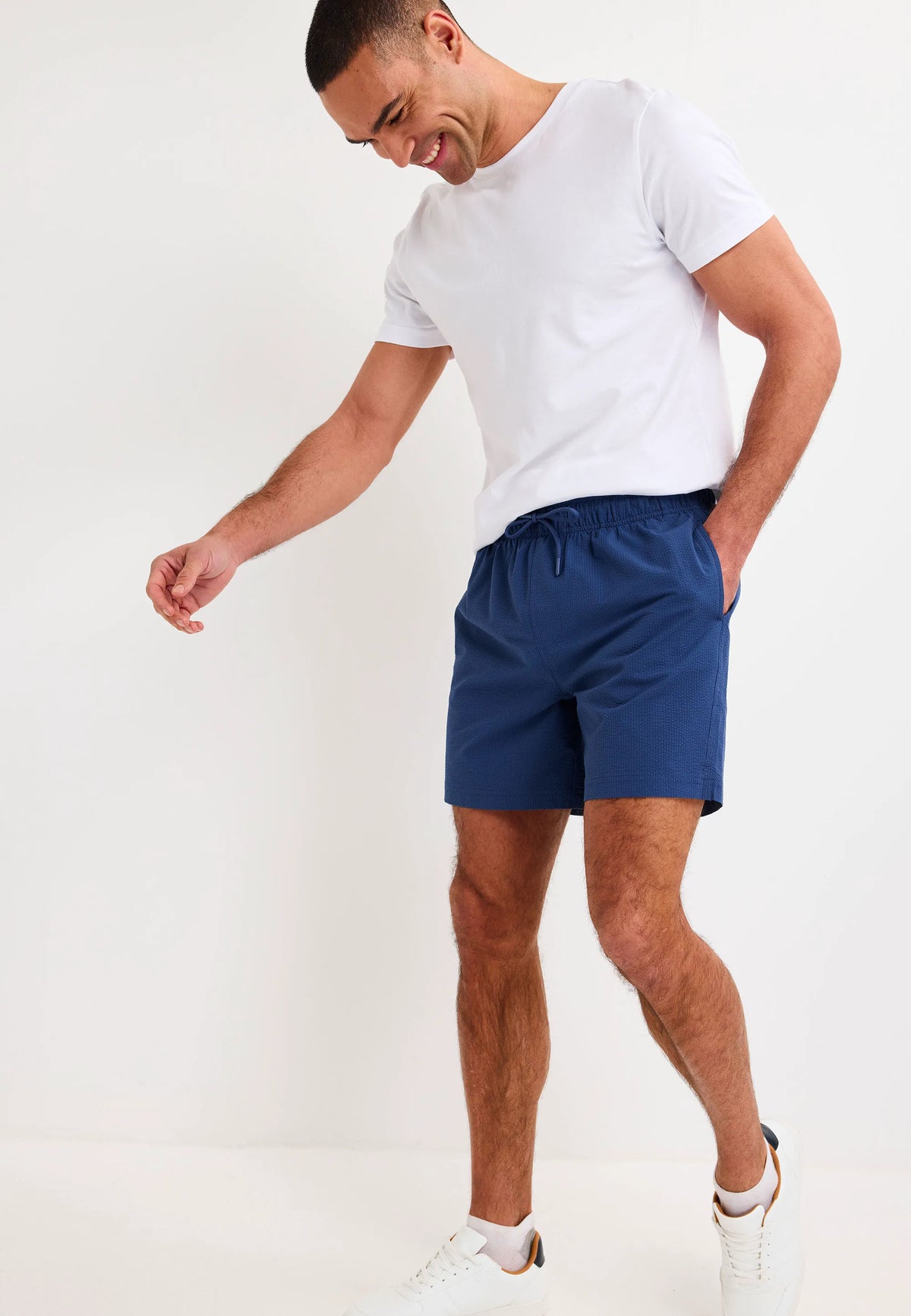 Mens Navy Seersucker Swim Shorts