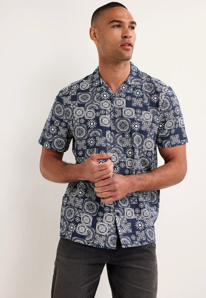 Mens Navy Tile Print Cotton Shirt