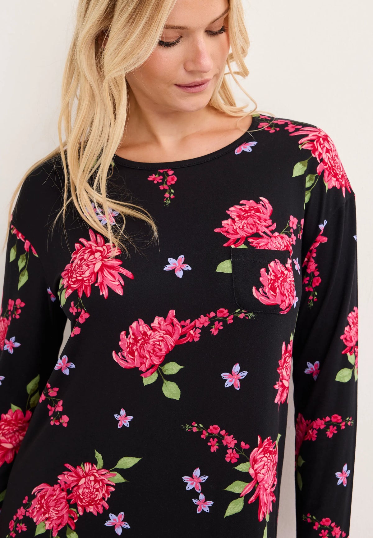 Womens Black Floral Long Nightdress