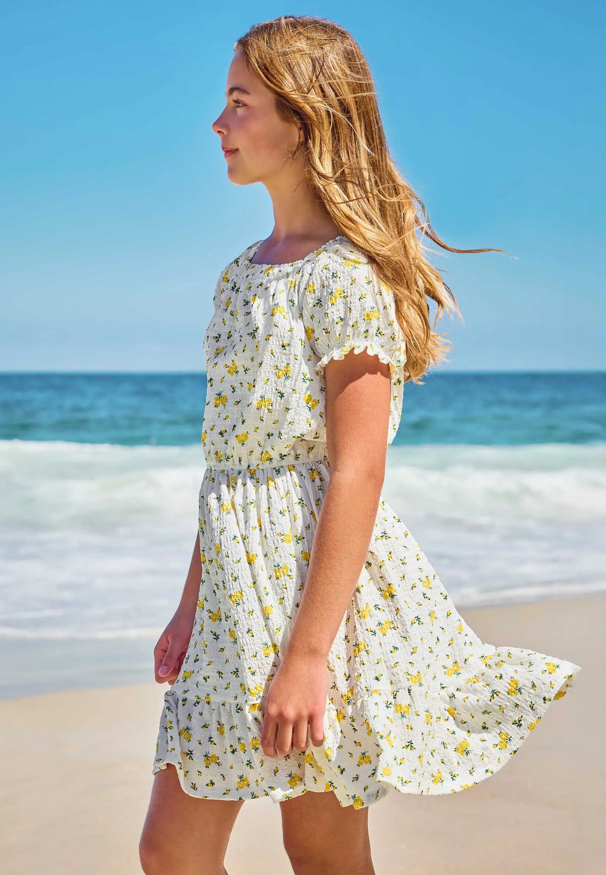 Older Girls White & Yellow Floral Dress