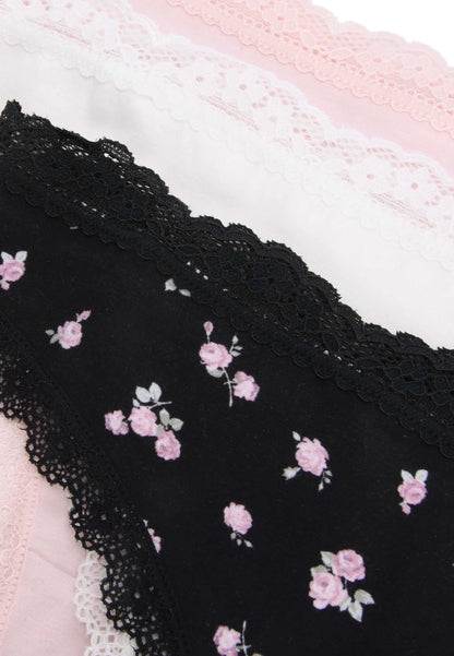 Womens 3pk Black Rose Lace Trim Thongs
