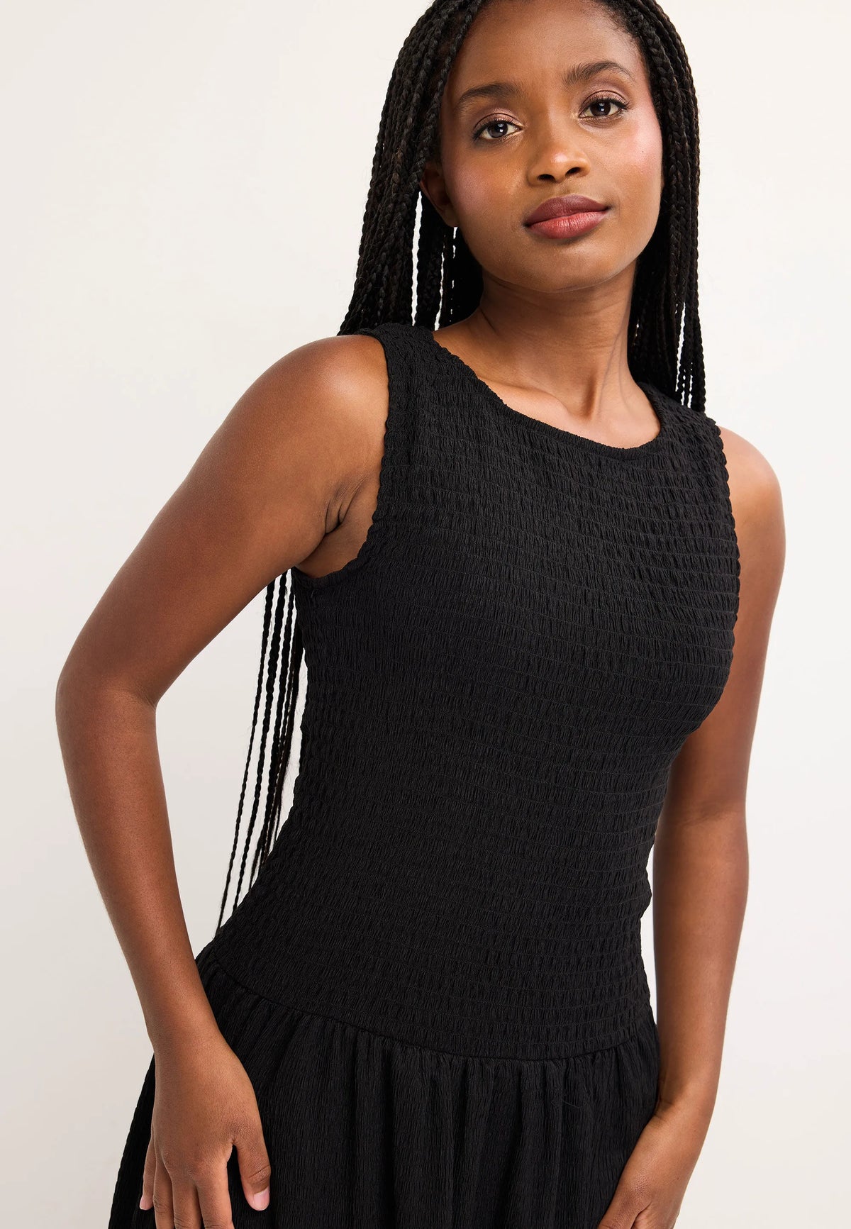 Womens Plain Black Shirred Drop Waist Midi Dress