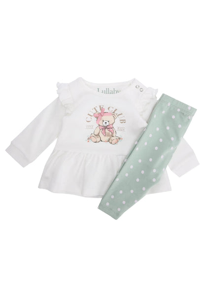 Baby Girls Cream Bear Top & Green Leggings Set