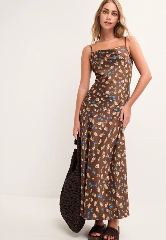 Womens Chocolate Brown Floral Slip Dress