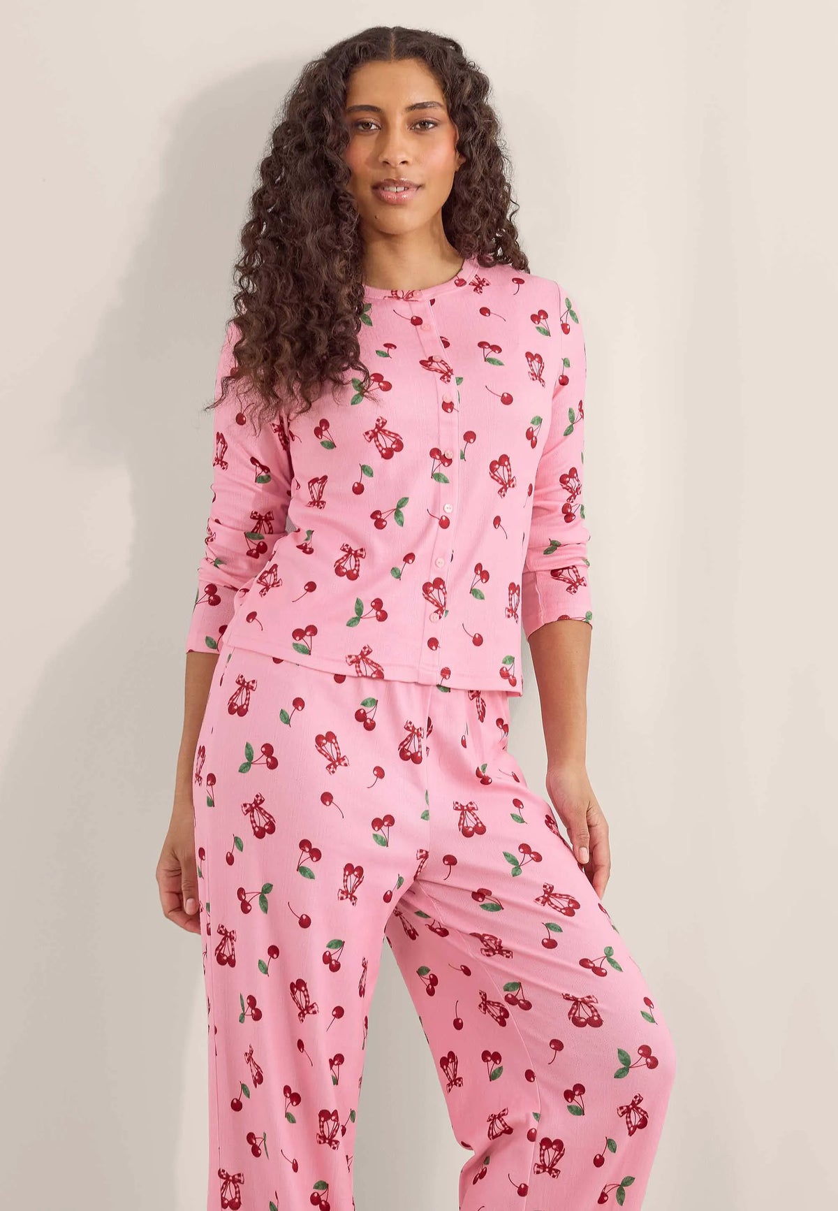 Womens Pink Cherry Pointelle Long Pyjama Set