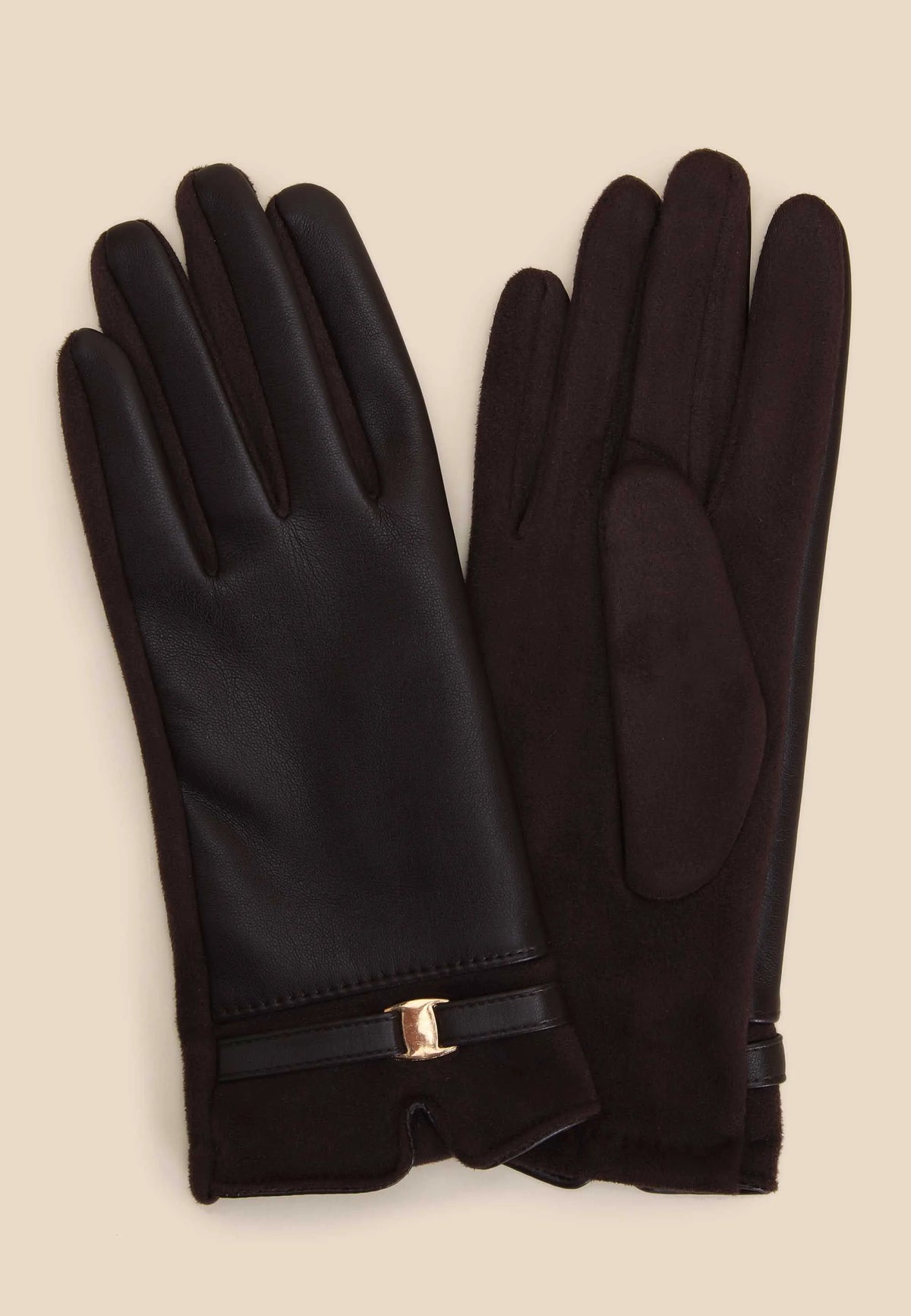 Womens Brown Faux Leather & Suede Gloves