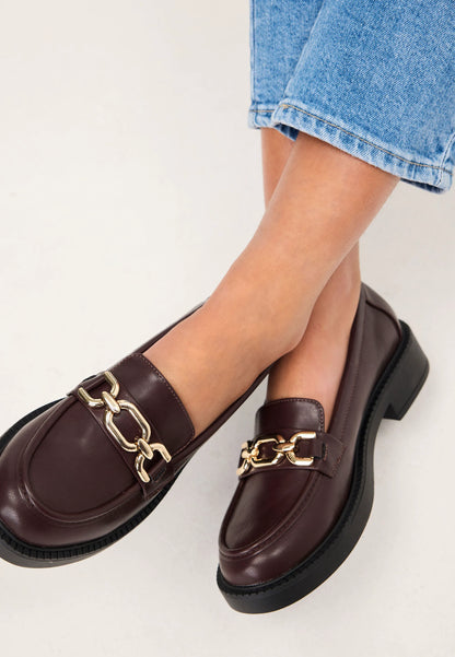 Womens Burgundy Chunky Gold Chain Loafers