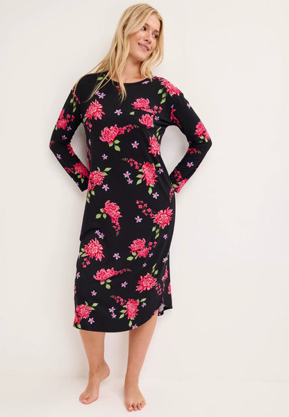 Womens Black Floral Long Nightdress