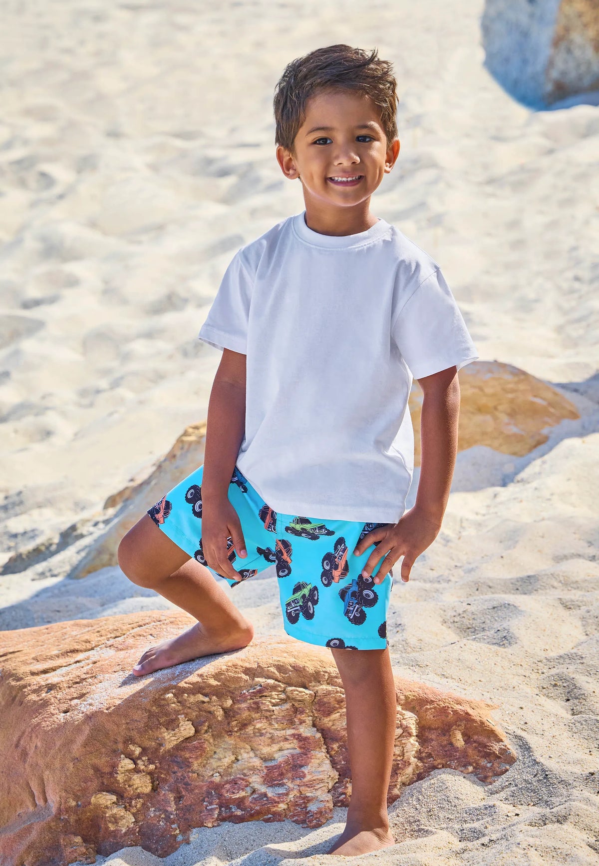 Younger Boys Blue Monster Truck Swim Shorts