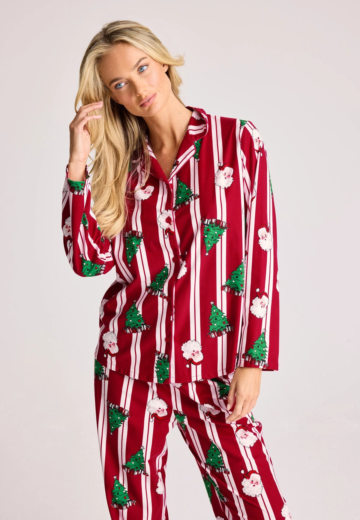 Womens Red & White Stripe Santa Print Family Pyjama Set