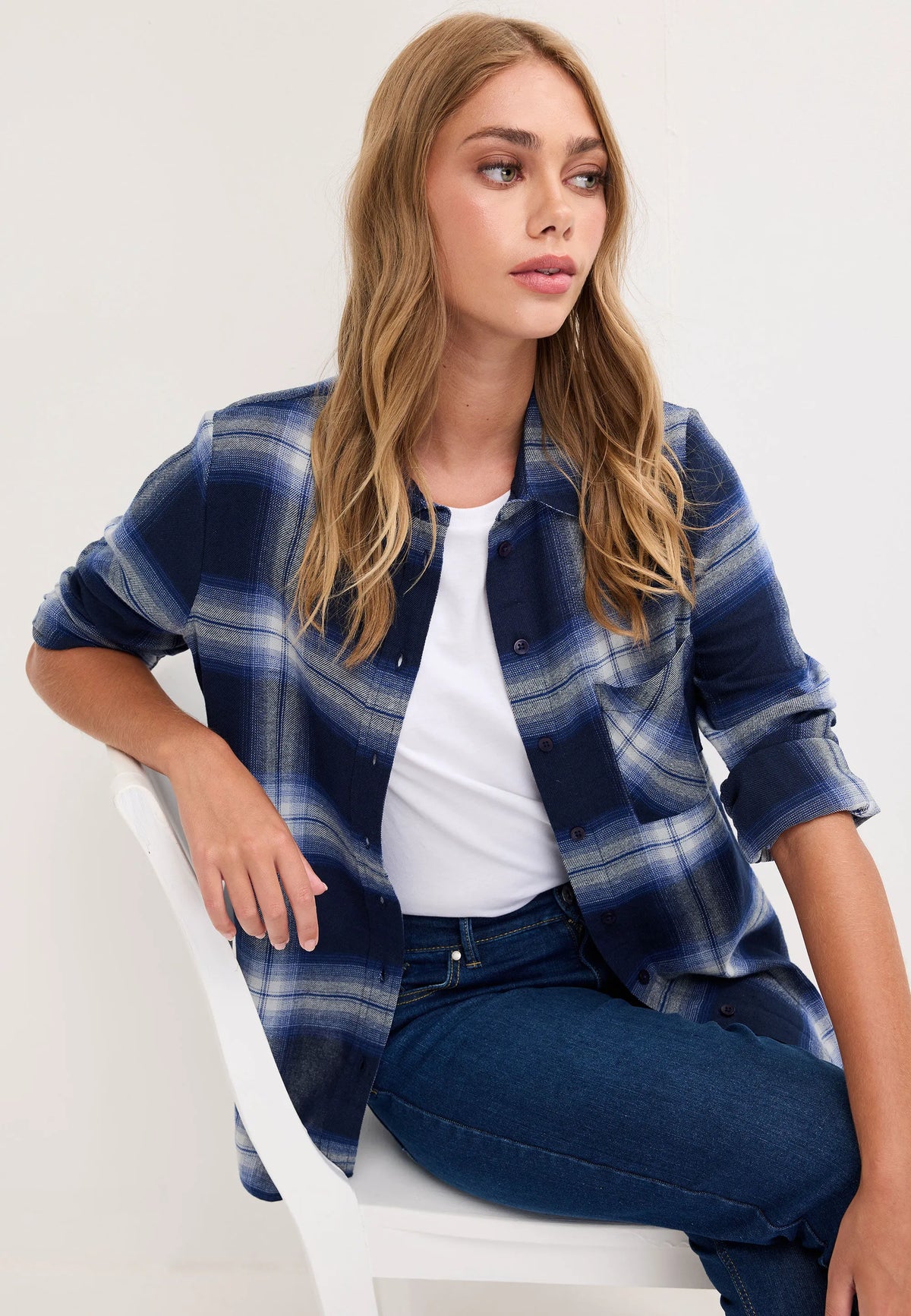 Womens Navy Long Sleeve Check Shirt