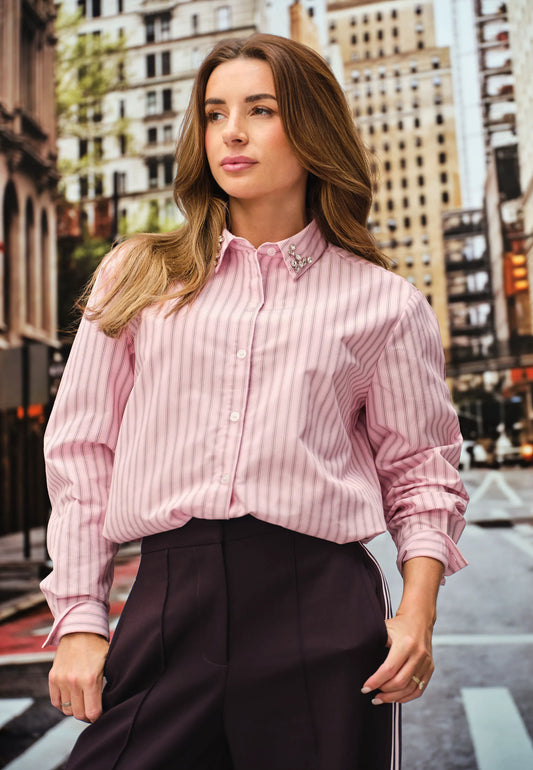 Womens Pink Stripe Diamante Tuck Hem Shirt