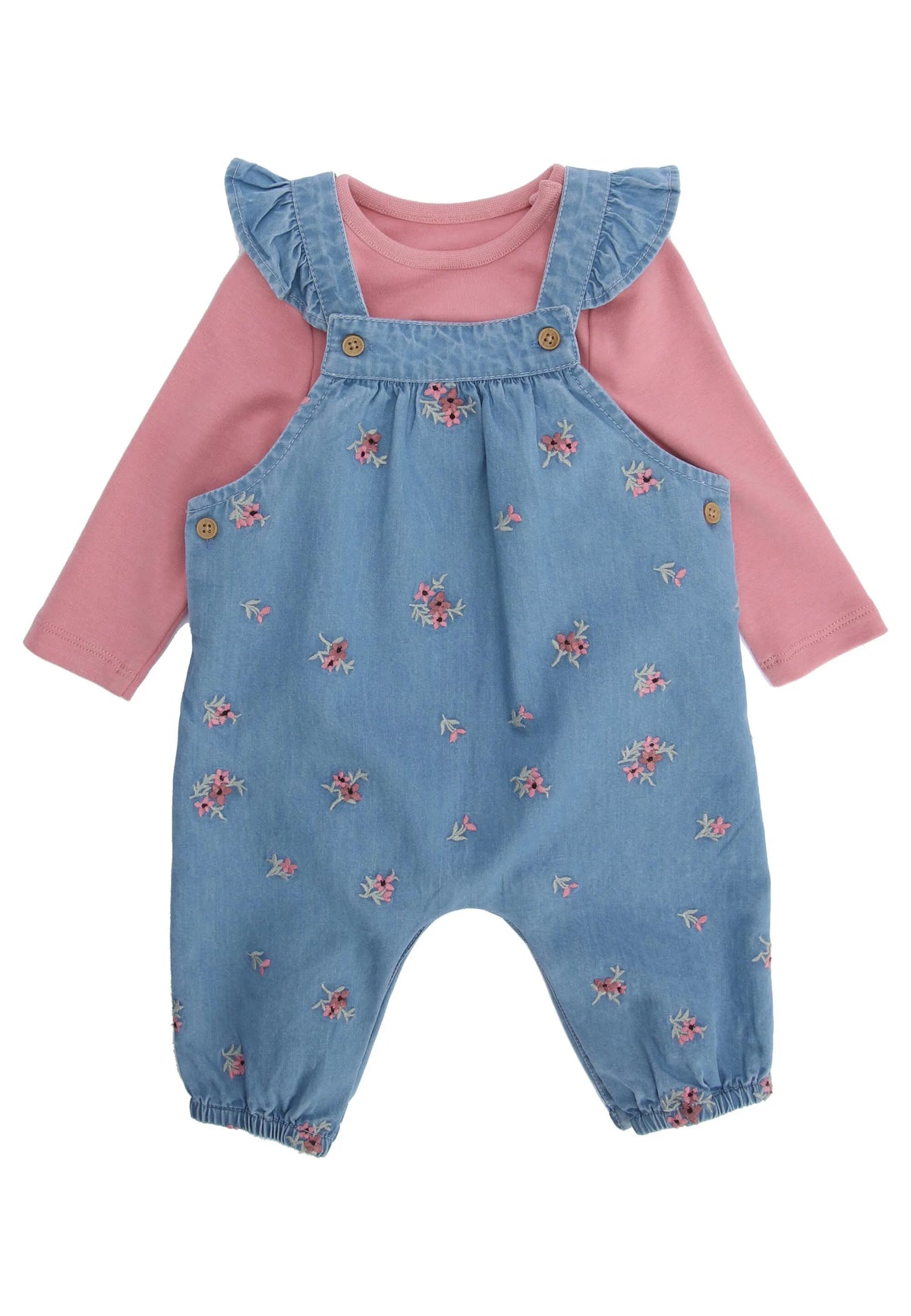 Baby Girl Blue Floral Dungarees & Pink Top Set